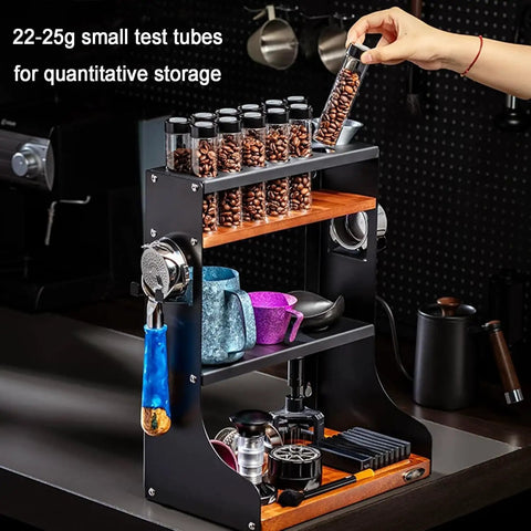 Heavy Duty Wall Mount Coffee Bean Storage Tower Three Tier Wooden Espresso Tool Rack with test tubes holding coffee beans.