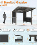 10x10 Hardtop Grill Gazebo With Storage Shelves And Expansion Platform Durable Galvanized Steel Lean-To Canopy Outdoor BBQ Shelter With Grey-Black Privacy Screen for Patio And Backyard in front view