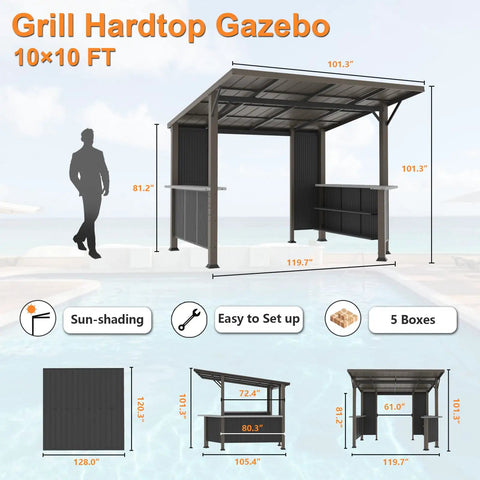 10x10 Hardtop Grill Gazebo With Storage Shelves And Expansion Platform Durable Galvanized Steel Lean-To Canopy Outdoor BBQ Shelter With Grey-Black Privacy Screen for Patio And Backyard in front view