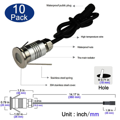 LED Mini In-Ground Well Lights Finger Size 1W 12V DC 120 Degree Wide Beam IP67 Waterproof Recessed Marker Light diagram