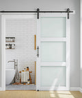 38 X 84 Inch Three Lite Frosted Glass and Wood Paneled Barn Door With Installation Hardware Kit, installed in a modern home.