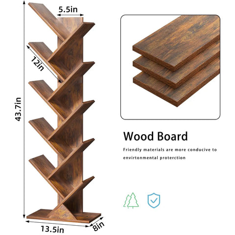 Tree Shaped 10 Tier Floor Standing Wood Bookcase Slim Space Saver for Narrow Rooms Tight Spots and More in brown finish