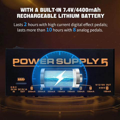 Built In 4400mAh Battery Gig Ready Pedalboard Power Supply With Eight 9V 12V 18V Outputs And 5V 1A USB Port For Phone Charging