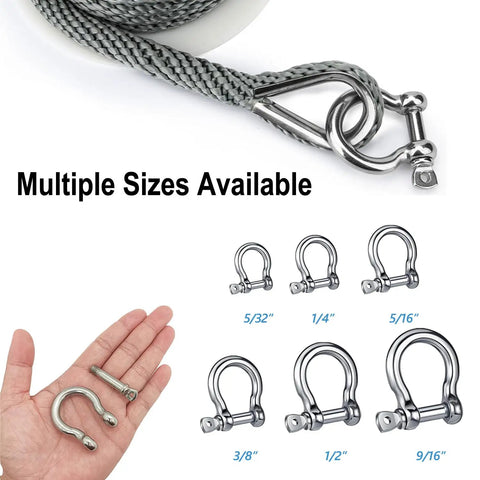 Beefy Heavy Duty 304 Stainless Steel Bow Shackle Screw Pin Anchor D Ring Rigging Hardware 5/32 Inch 8 Pack displayed with various sizes