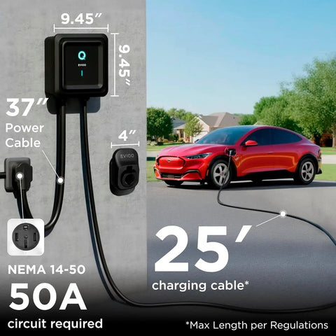 Level 2 EV Charger 40 Amp 240V J1772 For Non Tesla EVs With 25 Ft Cable WiFi App indoor outdoor installation view with car
