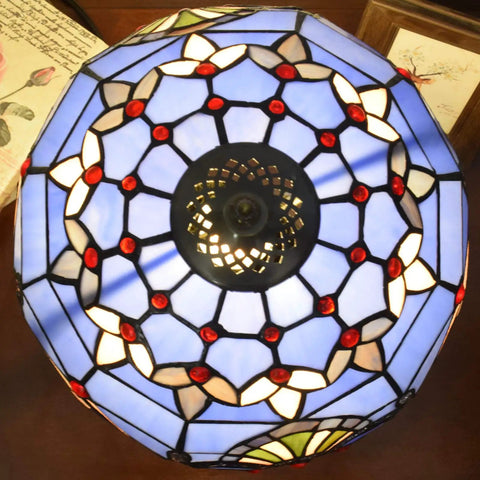 Top view of Blue Baroque Tiffany Style Stained Glass Table Lamp For Bedroom And Living Room, 12x12x18 Inch, handcrafted