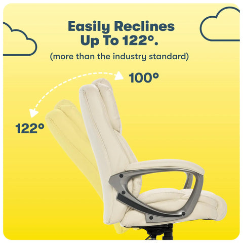 Garret Executive Office Chair With Ergonomic Mid Back And Lumbar Support reclining to 122 degrees in ivory bonded leather.