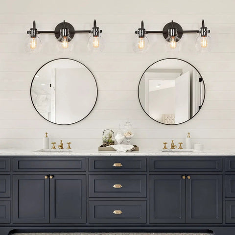 3 Light Black Vanity Light With Clear Glass Shades, Modern Farmhouse Bathroom Lighting Fixture above double vanity mirrors