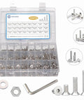 Rugged Stainless Steel Screw Set With M2 M3 M4 M5 Bolts, Flat Countersunk Socket Cap Screws, Nuts And Washers, Full Thread, Includes Four Hex Allen Wrenches, A DIY Dream Kit For Electronics, Furniture, Auto, Marine And Home Projects in organized box with tools and fasteners.