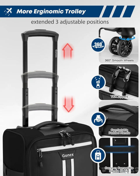 16 Inch Underseat Carry On Luggage With Spinner Wheels Water Resistant PVC Softside Travel Bag Airline Approved For Men Women Personal Item Sized For Cabin Friendly Black showing ergonomic trolley handle adjustment