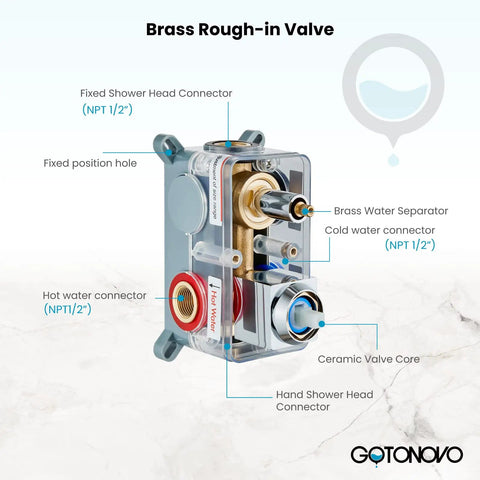 Brass rough-in valve for 12 Inch Shower Faucet Set With Slide Bar, Rain Shower Head And Handheld Spray, Polished Chrome Finish