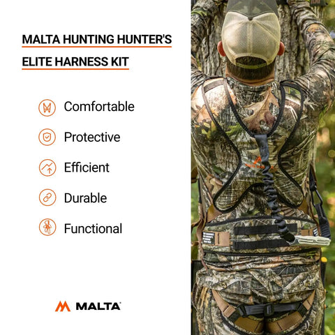 Back view of Hunters Elite Safety Harness with TrueTimber Strata Camo on hunter climbing tree, focusing on straps and gear.