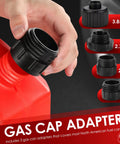 Hand holding adapter for Electric Fuel Transfer Pump With Auto Stop Sensor Prevents Overfills, showing 4 cap sizes