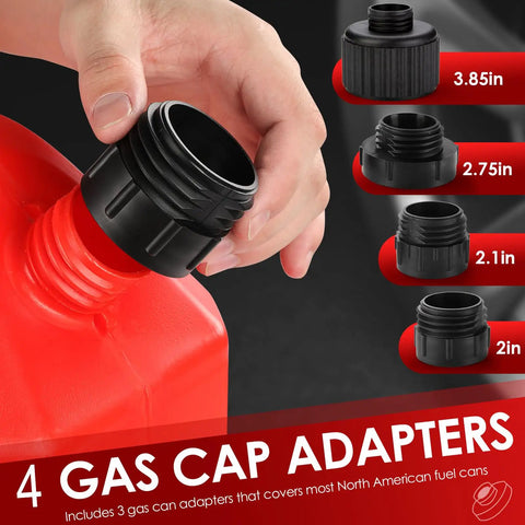 Hand holding adapter for Electric Fuel Transfer Pump With Auto Stop Sensor Prevents Overfills, showing 4 cap sizes