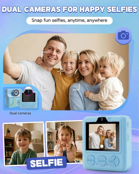 Kids Instant Print Camera With Carrying Case And 32GB SD Card, Selfie Ready Digital Toy For Ages 3 To 12, Five Color Printing Red Blue Green Orange Black And White, Includes 6 Rolls Paper And Portable Gift For Christmas Or Birthday, blue dual-lens camera
