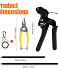 Beefed Up Heavy Duty Stainless Steel Cable Tie Gun Kit with tool dimensions and two sizes of UV resistant black zip ties