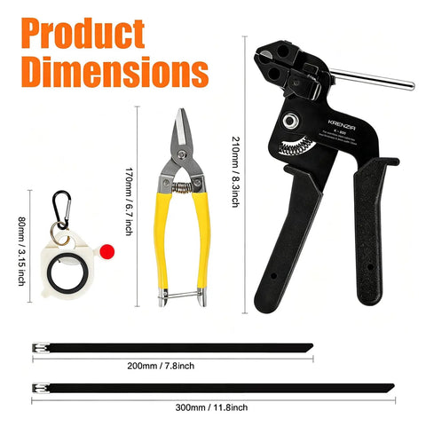 Beefed Up Heavy Duty Stainless Steel Cable Tie Gun Kit with tool dimensions and two sizes of UV resistant black zip ties