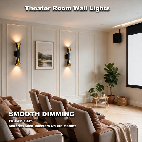 Flynix LED Indoor Wall Sconces, 5 Color Temps Dimmable Hardwired Wall Light displayed in a modern theater room with elegant design.
