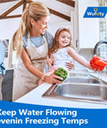 Wufoty 15ft heated RV water hose product image; mother and daughter at kitchen sink.