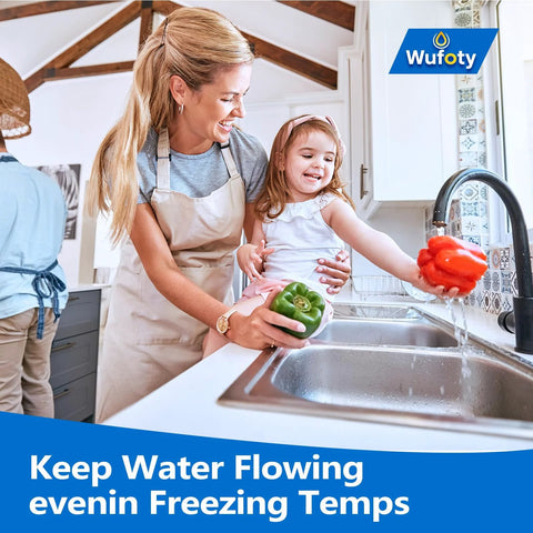 Wufoty 15ft heated RV water hose product image; mother and daughter at kitchen sink.