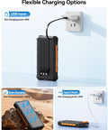 On The Go Solar Power Bank 20000mAh With Built In Cables 20W Fast Charge Portable External Battery Pack showing charging options