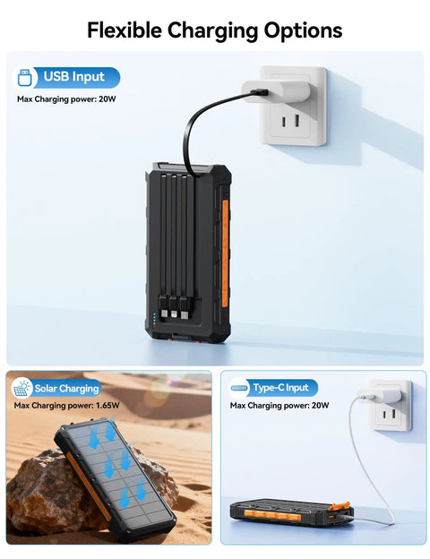 On The Go Solar Power Bank 20000mAh With Built In Cables 20W Fast Charge Portable External Battery Pack showing charging options