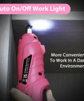 Pink Cordless Mini Screwdriver Kit With 3.7V Rechargeable Power, LED light illuminating a dark shelf, two-position handle in use.