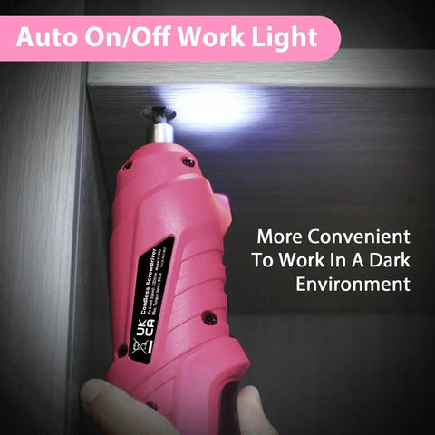 Pink Cordless Mini Screwdriver Kit With 3.7V Rechargeable Power, LED light illuminating a dark shelf, two-position handle in use.
