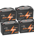 Four Premium 12V 100Ah LiFePO4 Battery Trolling Motor Marine Boat RV batteries in a pack with black casing.