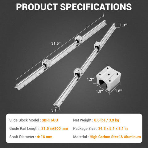 Aluminum Alloy Linear Guide Rail Kit 2 Pack SBR 16 800mm Round Rails for Smooth Motion. Includes high carbon steel components.