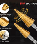 Pro Rivet Nut Tool Kit 16 Inch With 290 Insert Nuts And 15 Metal Mandrels For Fast Metalwork Jobs Featuring Step Drills Heavy Duty Wrench Gloves And Easy Setup Manual For Total DIY Pro Upgrade, 118° split point step drill bit with 1/4 hex shank