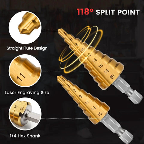 Pro Rivet Nut Tool Kit 16 Inch With 290 Insert Nuts And 15 Metal Mandrels For Fast Metalwork Jobs Featuring Step Drills Heavy Duty Wrench Gloves And Easy Setup Manual For Total DIY Pro Upgrade, 118° split point step drill bit with 1/4 hex shank