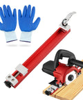 Professional Grade Circular Saw Guide Rail Adjustable Aluminum Fence Track Featuring Dual Lock Handles For Straight Shooting Cuts And Zero Slop For Reliable Carpentry Tasks with blue gloves.