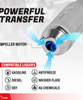 Close-up of Portable Battery Powered Gas Transfer Pump showing impeller motor and compatible liquids list.