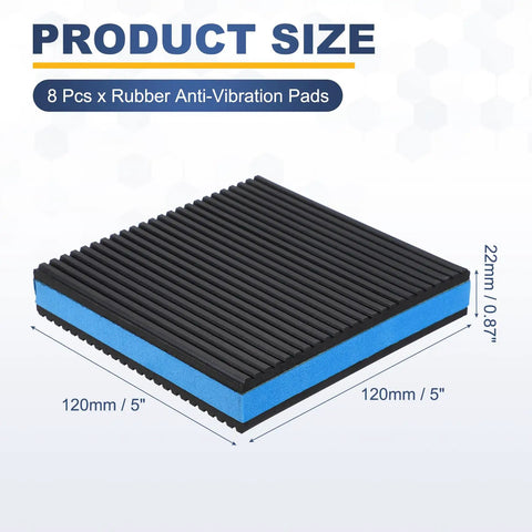 Heavy Duty Rubber Anti Vibration Pads 5 By 5 Inch 8 Pack Industrial Grade EVA Foam Shock Absorbers shown with dimensions 120mm x 120mm x 22mm.