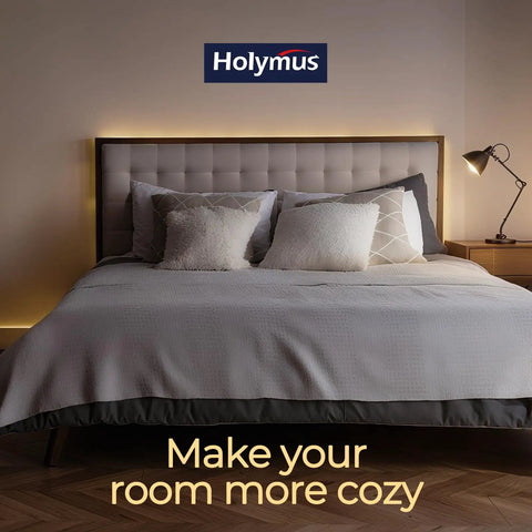 Cozy bedroom with Easy-Install Self-Adhesive Dimmable LED Light Strips Kit For Slat Wall Panels And Wood Walls behind headboard