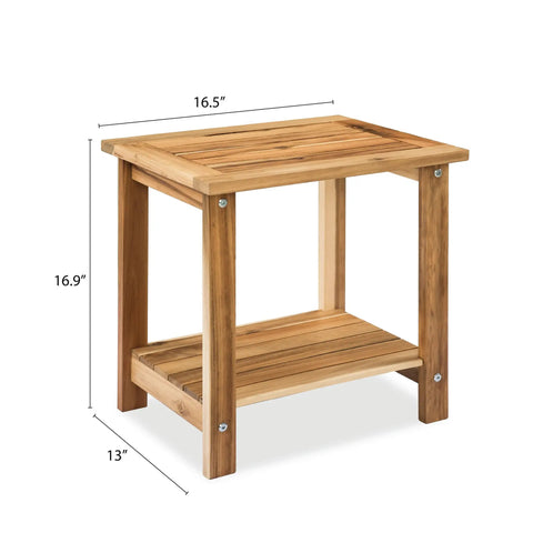 Solid Acacia Wood Side Table With Two Tier Storage For Indoor And Outdoor Use No Fuss Assembly End Table For Living Room And Patio Weather Resistant Light Natural Rustic Finish