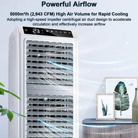 Heavy Duty Evaporative Portable Air Cooler With Beastly 2943 Cfm Airflow And 13.2 Gallon Tank front view, showcasing airflow design.