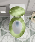 Quiet Close Elongated Toilet Seat for Bathroom in green, top view on tiled floor with bathroom decor.