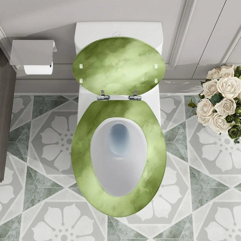 Quiet Close Elongated Toilet Seat for Bathroom in green, top view on tiled floor with bathroom decor.