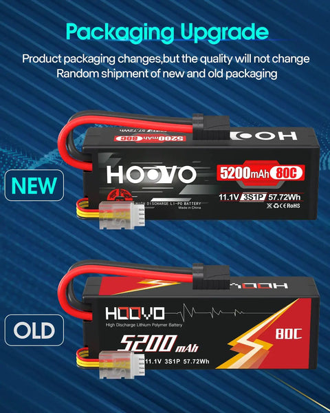 Comparison of new and old 3S 11.1V 5200mAh LiPo Battery with hard case and TR plug for RC cars, trucks, and FPV models, 80C high discharge