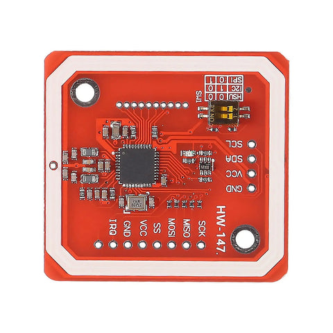 Red PN532 NFC RFID Module Kit With I2C SPI And HSU Dope NFC Reader for Raspberry Pi and DIY Projects, circuit board view.