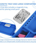 Blue Silicone Tool Tray For Auto Repairs Flexible Magnetic Tool Holder With Small Parts Tray Non Slip Organizer 14 By 9 By 0.79 Inches Deep Durable Car Maintenance Storage For Tools And Tiny Parts with magnetic sections shown in use holding screws and small tools.