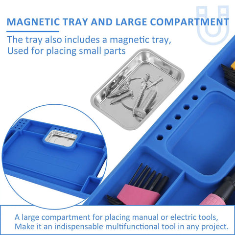 Blue Silicone Tool Tray For Auto Repairs Flexible Magnetic Tool Holder With Small Parts Tray Non Slip Organizer 14 By 9 By 0.79 Inches Deep Durable Car Maintenance Storage For Tools And Tiny Parts with magnetic sections shown in use holding screws and small tools.