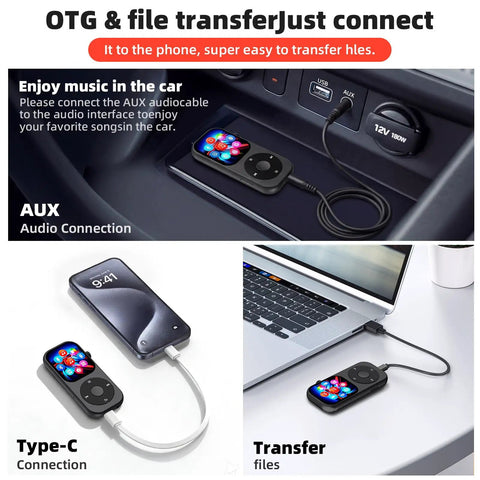 Dope 128GB Bluetooth 5.3 MP3 Player with Built-In Speaker connected via AUX and Type-C cable to phone and laptop