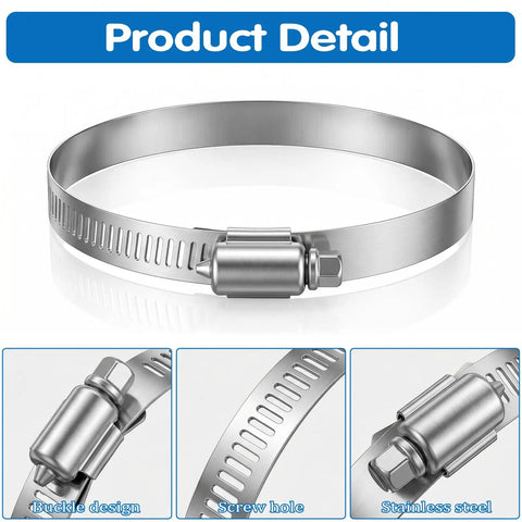 Close-up of 20 Pieces 4 Inch Stainless Steel Hose Clamps 304 Grade Worm Gear Duct Clamps Heavy Duty Adjustable From 3.6 To 4.5 Inches