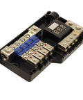 4 Way Mini ANL Fused Car Audio Power Distribution Block With Ground Block Each Block Accepts 0, 2, Or 4 Gauge In And 4 Or 8 Gauge Out Digital LED Voltage Display Ideal For Splitting Power To Multiple Amplifiers Includes Four 60A Fuses, black metal block