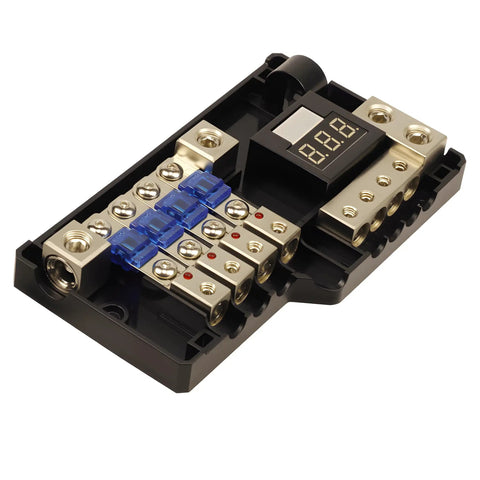 4 Way Mini ANL Fused Car Audio Power Distribution Block With Ground Block Each Block Accepts 0, 2, Or 4 Gauge In And 4 Or 8 Gauge Out Digital LED Voltage Display Ideal For Splitting Power To Multiple Amplifiers Includes Four 60A Fuses, black metal block