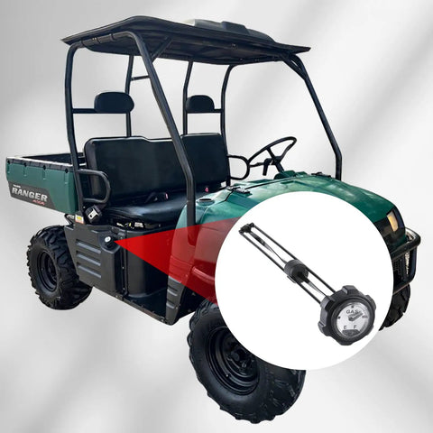 Fuel Gauge Gas Cap With Built In Gauge For Ranger UTV 400 500 700 Replacement OEM 1240119 shown next to Ranger UTV.
