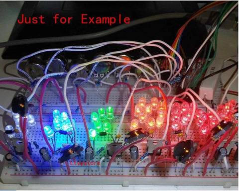 Massive 2425 Pieces Carbon Film Resistor Kit With 75 Values used on a breadboard circuit with colorful LEDs
